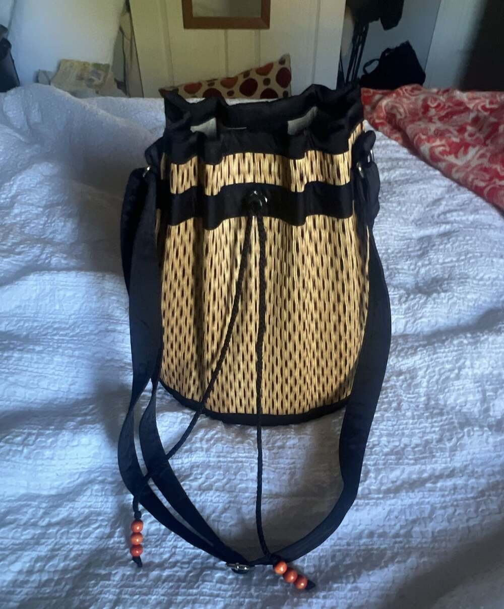 Baskets of Cambodia Sophon Collapsible Bucket Bag Black Straw